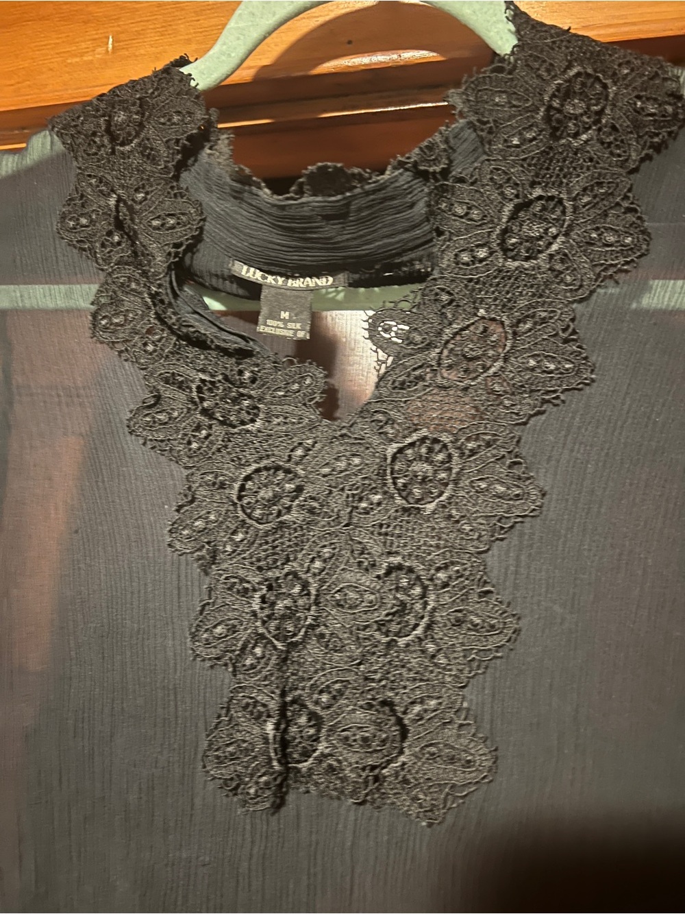 Lucky Brand Black Sheer Lace-Trim Blouse | Size Medium